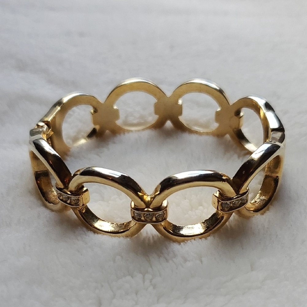 Gold Tone Clamper Bracelet with Rhinestone Accents